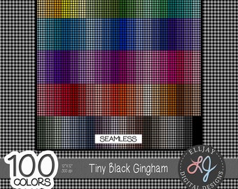Paquete de papel digital de cuadros vichy negros pequeños: 100 colores, patrones sin costuras (descarga digital)