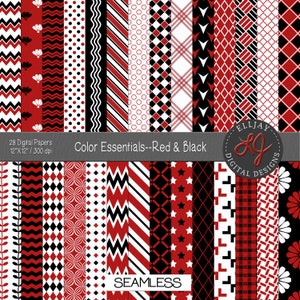 Puede incluir: Un conjunto de 28 papeles digitales en rojo, negro y blanco con varios patrones geométricos. Los papeles son de 30,5 cm x 30,5 cm y 300 dpi. El texto "Color Essentials--Red & Black" y "SEAMLESS" está incluido en la imagen.