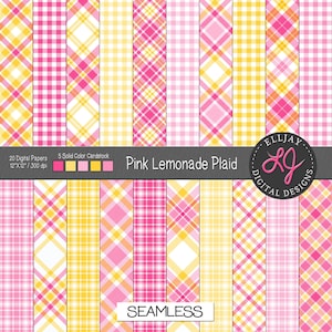 Papel digital para álbumes de recortes con estampado de cuadros rosa limonada, fondos de vichy, patrones amarillos y rosas, texturas imprimibles sin costuras, materiales para manualidades.