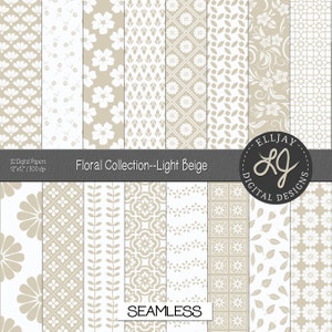Paquet de papier numérique floral beige clair. 32 motifs beiges et blancs. Arrière-plans floraux. Papier de scrapbooking floral beige transparent. Utilisation commerciale