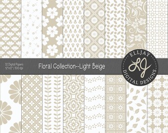 Light beige floral digital paper pack. 32 beige & white patterns. Floral backgrounds. Seamless beige floral scrapbook paper. Commercial use