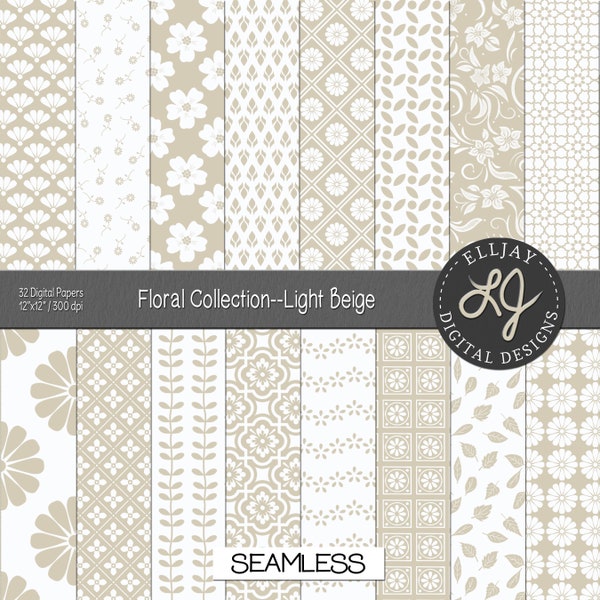 Light beige floral digital paper pack. 32 beige & white patterns. Floral backgrounds. Seamless beige floral scrapbook paper. Commercial use