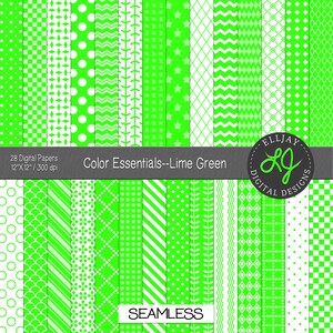May include: A collection of 28 digital papers in lime green with various patterns, including polka dots, stripes, and geometric shapes. The papers are 12" x 12" and 300 dpi. The text reads "Color Essentials--Lime Green" and "SEAMLESS".