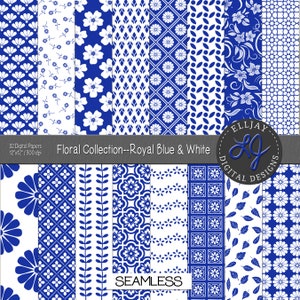 Digitaal papieren pakket met koningsblauwe en witte bloemen. 32 blauw-witte patronen. Bloemenachtergronden. Naadloos bloemenplakboek. Direct downloaden.