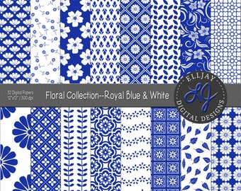 Royal blue & white floral digital paper pack. 32 blue and white patterns. Floral backgrounds. Seamless floral scrapbook. Instant download.