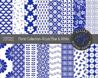 Royal Blue Floral Digital Paper Pack: Seamless Scrapbook Patterns (Digital Download)