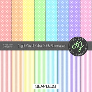 Papel digital con lunares y rayas en tonos pastel brillantes. Fondos en tonos pastel. Baby showers, cumpleaños, Pascua, decoración. Uso comercial.