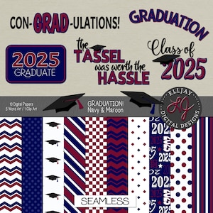Carta digitale blu navy e bordeaux per la laurea 2025. Classe del 2025. Album di ritagli, biglietti, decorazioni e annunci di laurea. Uso commerciale. 2024.