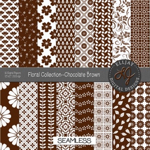 Pacote de papel digital floral marrom chocolate. Papel de scrapbook marrom. Padrões marrons. Papel de fundo marrom. Papel floral sem costura. Comercial.