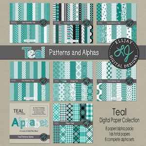 May include: A selection of teal digital paper packs and alpha sets. The image showcases diverse patterns, such as stripes, polka dots, and floral motifs. The text on the image reads "Teal Patterns and Alphas" and "Digital Paper Collection".