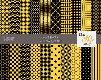 Black and yellow digital paper kit for scrapbooking, card making & crafting. Includes a nice variety of patterns. Commercial Use.