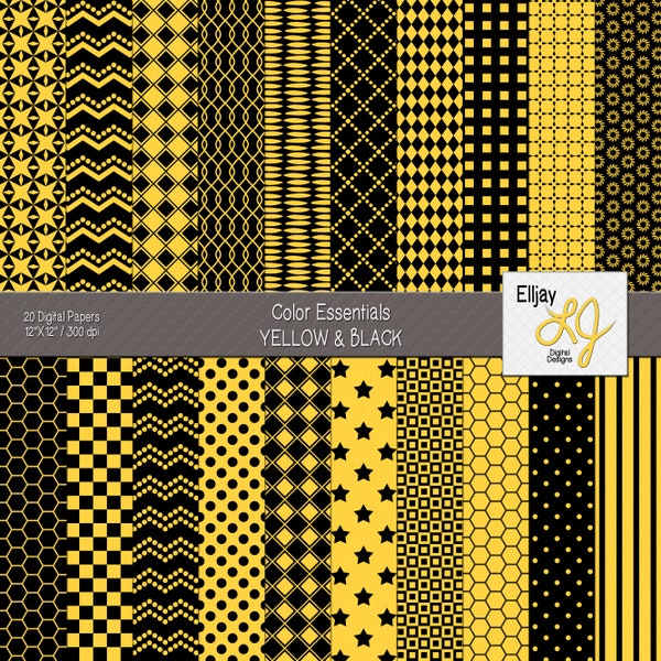 Black and yellow digital paper kit for scrapbooking, card making & crafting. Includes a nice variety of patterns. Commercial Use.
