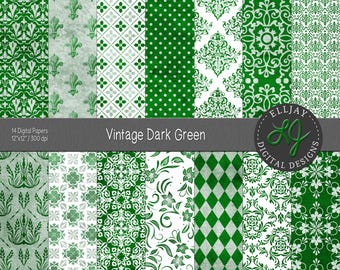 Pakiet papieru cyfrowego w kolorze ciemnozielonym w stylu vintage: Damask & Floral (pobranie cyfrowe)