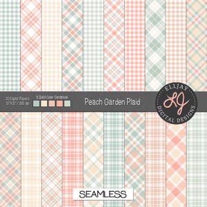 May include: A collection of 20 digital papers and 5 solid color cardstock sheets featuring the Peach Garden Plaid pattern. The designs include various plaid and gingham motifs in shades of peach, cream, and sage green. Text includes 20 Digital Papers, 5 Solid Color Cardstock, Peach Garden Plaid, Elljay Digital Designs, and Seamless.