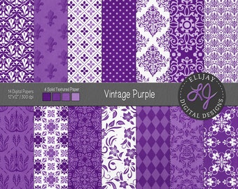 Purple Damask Digital Paper Pack: Vintage Floral Patterns (Digital Download)