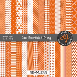 May include: A digital paper collection featuring 28 seamless patterns in orange and white. The designs include geometric shapes, stripes, and floral motifs. The text reads "Color Essentials 2--Orange" and "SEAMLESS".