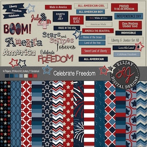 4. Juli Scrapbook-Kit. Buntstift digitaler Papiersatz. Sterne Clipart. Rot, weiß & blau gemustertes Papier. Stars und Stripes Hintergründe.