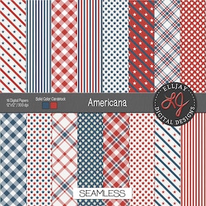 May include: A collection of 16 digital papers with patriotic patterns in red, white, and blue. Designs include stars, stripes, and plaid, perfect for crafting projects. Each paper measures 12x12 inches.