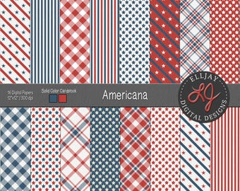 Bezszwowy papier cyfrowy Americana: patriotyczne wzory do scrapbookingu w kolorze czerwonym, białym i niebieskim (do pobrania w wersji cyfrowej). Do użytku komercyjnego.