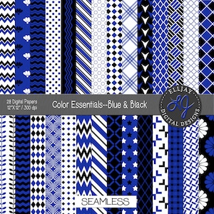 Pack de papier numérique bleu roi et noir. Arrière-plans bleu royal sans couture, scrapbooking, cartes, travaux manuels. Chevron, étoiles, rayures. Utilisation commerciale