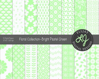 Pastel Green Floral Digital Paper Pack: Seamless Scrapbook Backgrounds (Digital Download)