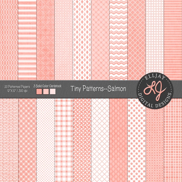 Salmon digital paper pack with small patterns. Background digital paper. For card making, weddings, scrapbooking, crafts, etc. Seamless.