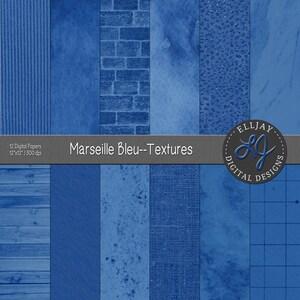 Marseille Bleu textures digital paper pack. 12 Marseille Blue backgrounds. Marseille Bleu patterns. French blue paper. 2024 wedding color.