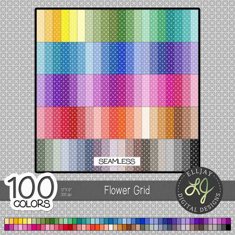Flower Grid Pattern Digital Paper. 100 Colors. Printable Scrapbook and ...