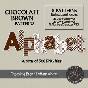 Chocoladebruine patronen digitale alfabetten. Afzonderlijke bestanden PNG-alfatransparante achtergrond. Bruin lettertype clipart. Commercieel gebruik.