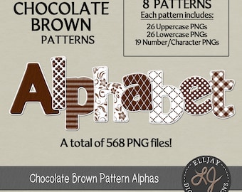 Chocolate brown patterns digital alphabets. Individual files PNG alpha transparent background. Brown font clipart. Commercial use.