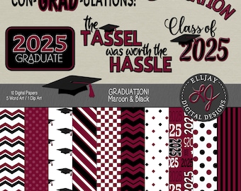 2025 Maroon graduation digital paper pack with graduation word art. 2024. Seamless scrapbook paper. Announcements, invitations, decorations.