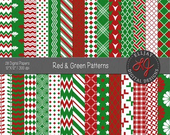 Puede incluir: Una colección de 28 papeles digitales con patrones rojos, verdes y blancos que incluyen chevrones, lunares, rayas, estrellas, cuadros y formas geométricas. La imagen incluye el texto 28 Digital Papers 12"x12" / 300 dpi, Red & Green Patterns y SEAMLESS.