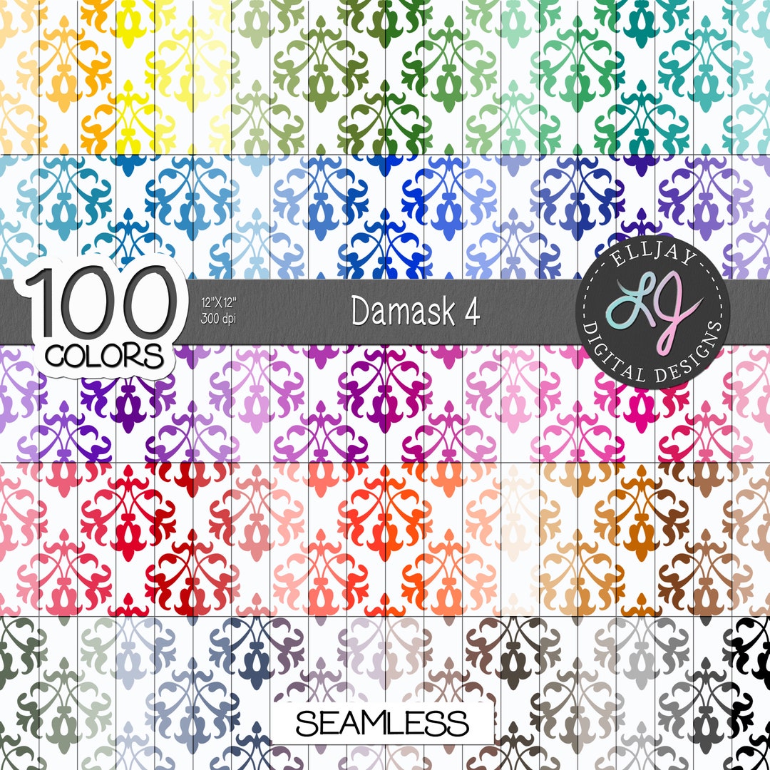 Damask Digital Paper Pack: 100 Colors, Seamless Patterns (12x12", 300 ...