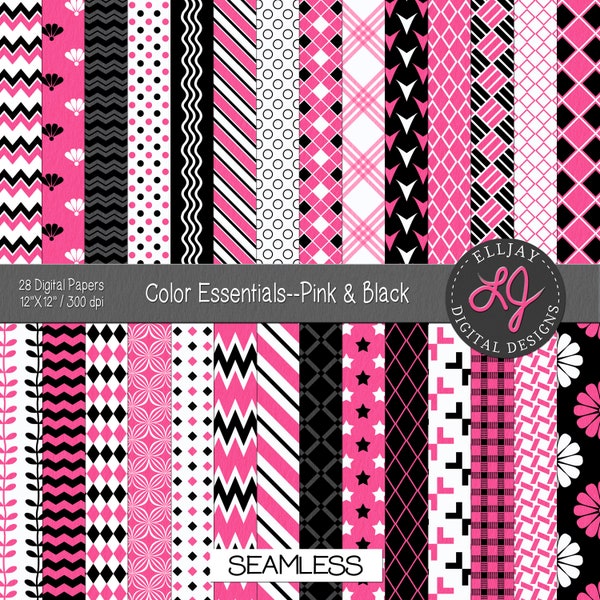 Hot pink and black digital paper pack. Seamless pink backgrounds, scrapbooking, card making, crafts. Chevron, stars, stripes. Commercial use
