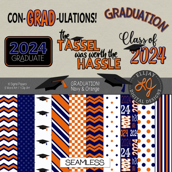 Navy blue and Orange 2024 graduation digital paper. Class of 2024. Blue and orange graduation. Scrapbook, decor, invites. Commercial use.