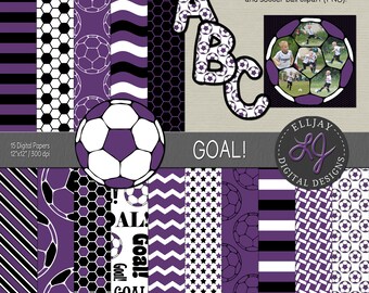Lila Fußball Digital Scrapbook Kit: Papiere, Alpha, Clipart (PNG, PSD)