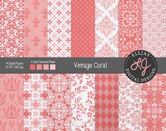 Vintage Coral Digital Paper Pack: Floral & Damask (Digital Download)