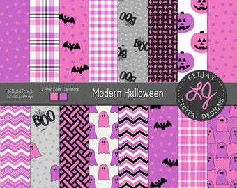 Pink Purple Halloween Digital Paper Pack: Ghost, Bats, Pumpkin (Digital Download)