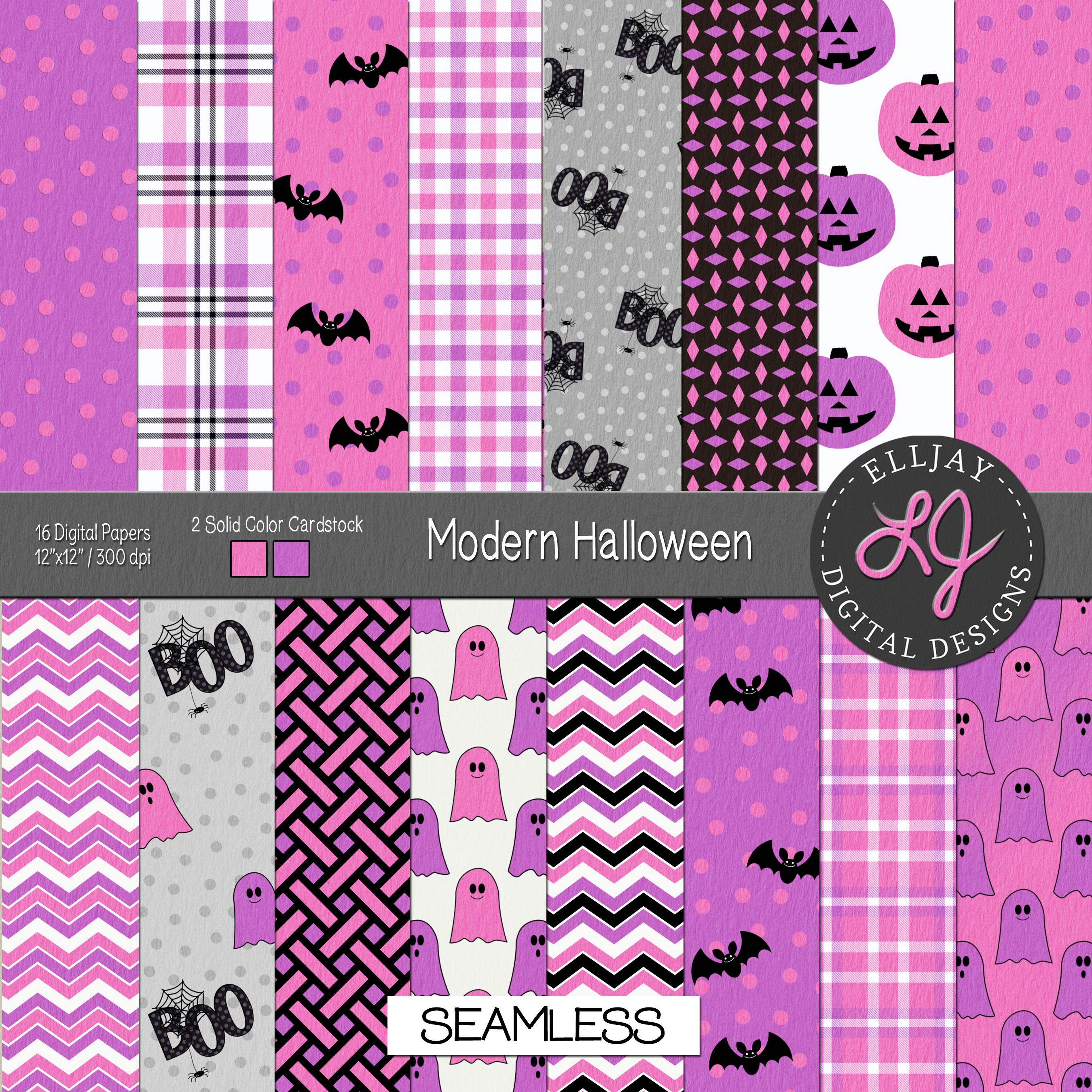 Pink Purple Halloween Digital Paper Pack: Ghost, Bats, Pumpkin (digital ...