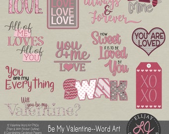 Pink & Grey Valentine Word Art PNG Stickers (Digital Download)
