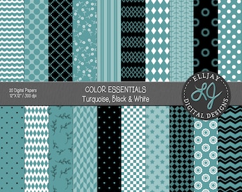 Türkis Digital Paper Pack: Nahtlose Schwarz-Weiß-Muster (12x12", 300 dpi)