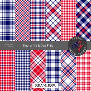 Rot weiß blau kariertes digitales Papier. Bunt gestreiftes Papier Set für digitales Scrapbooking. 4. Juli kariert. Vaterländische Karomuster. Kommerzielle Nutzung