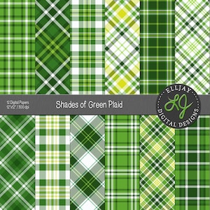 Könnte beinhalten: Zwölf digitale Papiere mit grünen Karomustern. Die Designs verwenden Grün-, Weiß- und Gelbtöne in diagonalen und rasterartigen Anordnungen. Der Text "Shades of Green Plaid" ist zu sehen, mit den Maßen 30,48 cm x 30,48 cm und 300 dpi.