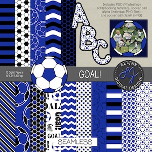 Blauw en zwart digitaal voetbalpapier. Koningsblauwe alpha-voetbalbal. Voetbal clipart. Sjabloon voetbal plakboek. png-alfa. Commercieel gebruik