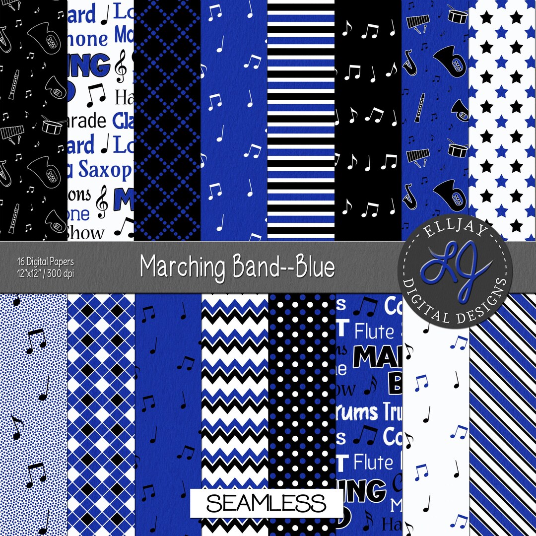 Merching Paper Blue Marching Band Paper Pack: Music Notes, Instruments (digital ...