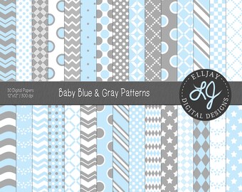 Blue & Gray Digital Paper Pack: Seamless Baby Shower Patterns (Digital Download)
