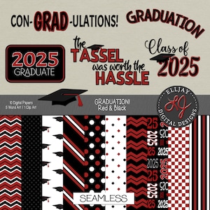 Pack de papier numérique rouge 2025 pour l'obtention du diplôme. Promotion 2025. Pour faire-part, invitations, décorations de fête, albums de coupures, cartes. 2023 et 2024.