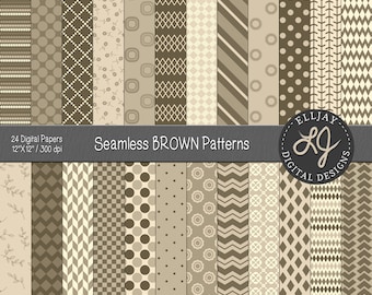 May include: 24 digital papers with seamless brown patterns. The patterns include geometric shapes, polka dots, stripes, and floral designs. The papers are 12 inches by 12 inches and 300 dpi.