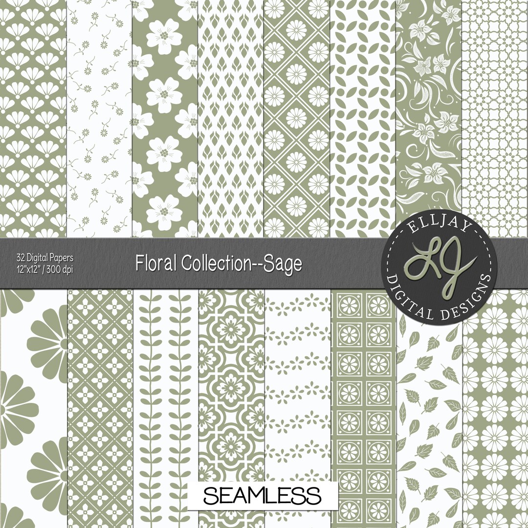 Sage Pattern Sample Sage Floral Digital Paper Pack: 32 Seamless Patterns (12x12