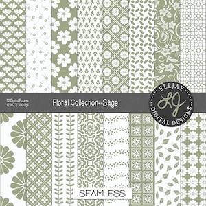 Sage Floral Digital Paper Pack: 32 Seamless Patterns (12x12&quot;, 300 dpi)